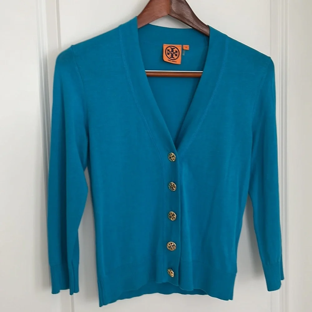 Tory Burch Teal V-Neck Button Cardigan